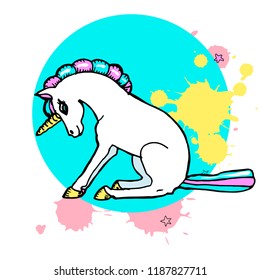 Cute hand drawn unicorn, abstract paint blobs, brightly colorful background. Cartoon style.