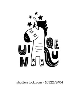 Cute hand drawn unicorn in black and white style. Cartoon vector illustration in scandinavian style