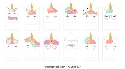 Cute Hand drawn Unicorn Cards, Planner set, Journaling Cards