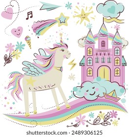 Cute hand drawn unicorn, castle, clouds and stars. Vector illustration.