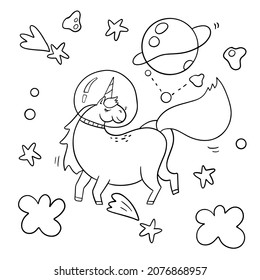 Cute hand drawn unicorn cosmonaut. Childish outer space poster. Funny animal illustration.