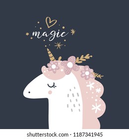 Cute hand drawn unicorn face nursery art. Pastel colors. Good for girl prints, birthday invitations, cards. Postcard with magical pony. Vector, clip art