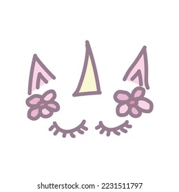 Cute hand drawn unicorn head. Vector doodle illustration with eyes, ears, horn and flowers