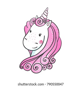 Cute hand drawn Unicorn icon isolated on white. Vector illustration. Can be used for print design, patch, sticker or kids wear. Dream symbol.