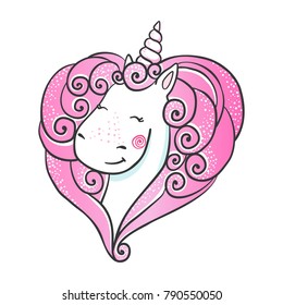 Cute hand drawn Unicorn icon with mane in heart of shape isolated on white. Vector illustration. Love concept. Can be used for print design, patch, sticker or kids wear. Dream symbol.