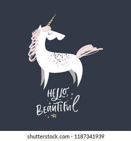 Cute hand drawn unicorn nursery art. Pastel colors. Good for girl prints, birthday invitations, cards. Postcard with magical pony. Vector, clip art