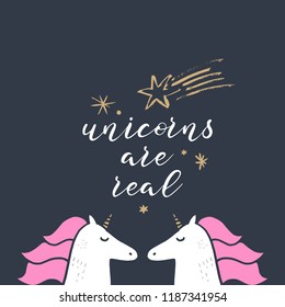 Cute hand drawn unicorn nursery art. Pastel colors. Good for girl prints, birthday invitations, cards. Postcard with magical pony. Vector, clip art