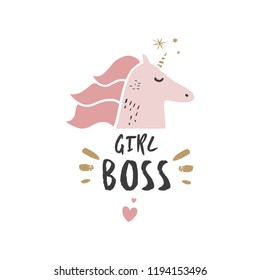 Cute hand drawn unicorn nursery art. Pastel colors. Good for girl prints, birthday invitations, cards. Postcard with magical pony. Vector, clip art. Girl boss theme