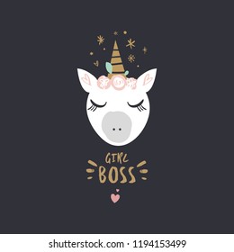 Cute hand drawn unicorn nursery art. Pastel colors. Good for girl prints, birthday invitations, cards. Postcard with magical pony. Vector, clip art. Girl boss theme