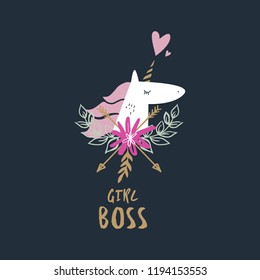 Cute hand drawn unicorn nursery art. Pastel colors. Good for girl prints, birthday invitations, cards. Postcard with magical pony. Vector, clip art. Girl boss theme