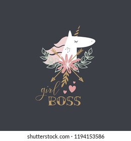 Cute hand drawn unicorn nursery art. Pastel colors. Good for girl prints, birthday invitations, cards. Postcard with magical pony. Vector, clip art. Girl boss theme