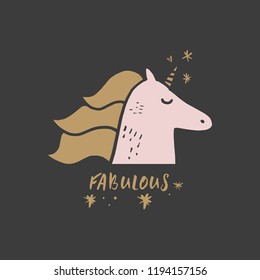 Cute hand drawn unicorn nursery art. Pastel colors. Good for girl prints, birthday invitations, cards. Postcard with magical pony. Vector, clip art. Fairy tale theme, doodle style