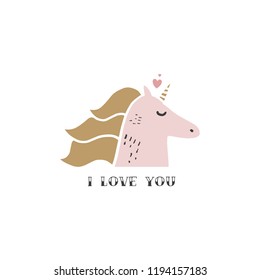 Cute hand drawn unicorn nursery art. Pastel colors. Good for girl prints, birthday invitations, cards. Postcard with magical pony. Vector, clip art. I love you text, Valentine theme