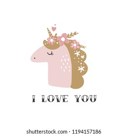Cute hand drawn unicorn nursery art. Pastel colors. Good for girl prints, birthday invitations, cards. Postcard with magical pony. Vector, clip art. I love you text, Valentine theme