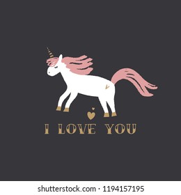 Cute hand drawn unicorn nursery art. Pastel colors. Good for girl prints, birthday invitations, cards. Postcard with magical pony. Vector, clip art. I love you text, Valentine theme
