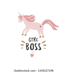 Cute hand drawn unicorn nursery art. Pastel colors. Good for girl prints, birthday invitations, cards. Postcard with magical pony. Vector, clip art. Girl boss theme