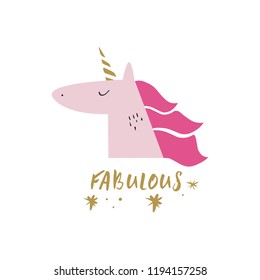 Cute hand drawn unicorn nursery art. Pastel colors. Good for girl prints, birthday invitations, cards. Postcard with magical pony. Vector, clip art. Fairy tale theme, doodle style