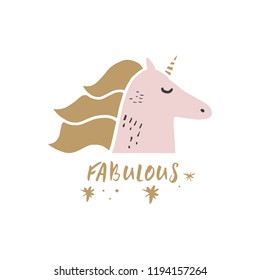 Cute hand drawn unicorn nursery art. Pastel colors. Good for girl prints, birthday invitations, cards. Postcard with magical pony. Vector, clip art. Fairy tale theme, doodle style