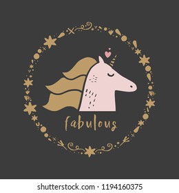 Cute hand drawn unicorn nursery art. Pastel colors. Good for girl prints, birthday invitations, cards. Postcard with magical pony. Vector, clip art. Fairy tale theme, doodle style