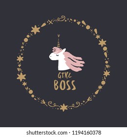 Cute hand drawn unicorn nursery art. Pastel colors. Good for girl prints, birthday invitations, cards. Postcard with magical pony. Vector, clip art. Girl boss theme. Night time, stars frame