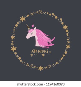 Cute hand drawn unicorn nursery art. Pastel colors. Good for girl prints, birthday invitations, cards. Postcard with magical pony. Vector, clip art. Fairy tale theme, doodle style