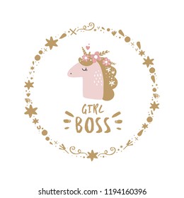 Cute hand drawn unicorn nursery art. Pastel colors. Good for girl prints, birthday invitations, cards. Postcard with magical pony. Vector, clip art. Girl boss theme