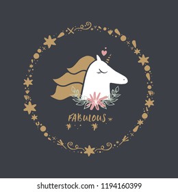 Cute hand drawn unicorn nursery art. Pastel colors. Good for girl prints, birthday invitations, cards. Postcard with magical pony. Vector, clip art. Fairy tale theme, doodle style