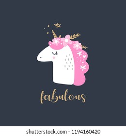 Cute hand drawn unicorn nursery art. Pastel colors. Good for girl prints, birthday invitations, cards. Postcard with magical pony. Vector, clip art. Fairy tale theme, doodle style