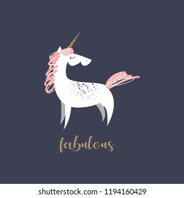 Cute hand drawn unicorn nursery art. Pastel colors. Good for girl prints, birthday invitations, cards. Postcard with magical pony. Vector, clip art. Fairy tale theme, doodle style