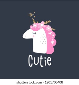 Cute hand drawn unicorn nursery art. Pastel colors. Good for girl prints, birthday invitations, cards. Postcard with magical pony. Vector, clip art. Fairy tale theme, doodle style