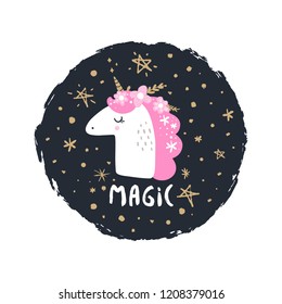 Cute hand drawn unicorn nursery art. Pastel colors. Good for girl prints, birthday invitations, cards. Postcard with magical pony. Vector, clip art. Fairy tale theme, doodle style