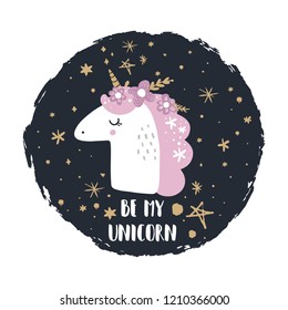 Cute hand drawn unicorn nursery art. Pastel colors. Good for girl prints, birthday invitations, cards. Postcard with magical pony. Vector, clip art. Fairy tale theme, doodle style