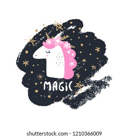 Cute hand drawn unicorn nursery art. Pastel colors. Good for girl prints, birthday invitations, cards. Postcard with magical pony. Vector, clip art. Fairy tale theme, doodle style