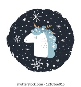 Cute hand drawn unicorn nursery art. Christmas and New Year theme. Postcard with magical pony. Vector, clip art. Fairy tale theme, doodle style