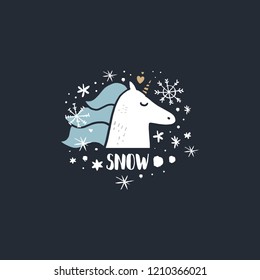 Cute hand drawn unicorn nursery art. Christmas and New Year theme. Postcard with magical pony. Vector, clip art. Fairy tale theme, doodle style