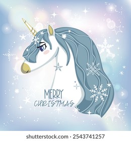 Cute hand drawn unicorn nursery art. Christmas and New Year theme. Postcard with magical pony. Fairy tale theme, doodle style.