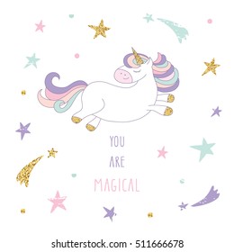 Cute hand drawn unicorn on the starry sky. Inspirational card with glitter. You are magical.