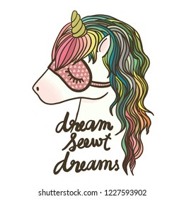 Cute hand drawn unicorn. Pastel colors with lettering "dream sweet dreams", Postcard with magical pony. Vector, clip art illustration.