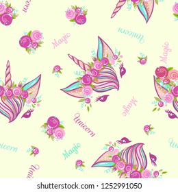 Cute hand drawn unicorn pattern with flower wreath. Doodle unicorn. Be like Unicorn.