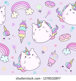 Cute hand drawn unicorn pattern seamless in pastel color. Kawaii unicorn background for kid