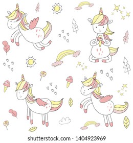 cute hand drawn unicorn pattern. illustrations can be used for t-shirts, bags, backgrounds, digital and print