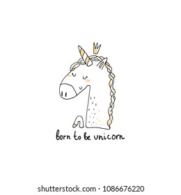 Cute hand drawn unicorn print. Vector illustration