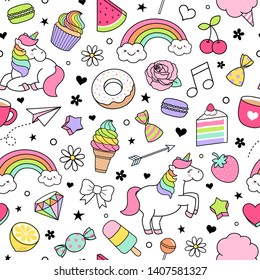 Cute hand drawn unicorn, rainbow and dessert seamless pattern background.