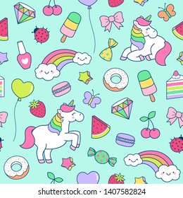 Cute hand drawn unicorn, rainbow and dessert seamless pattern background.