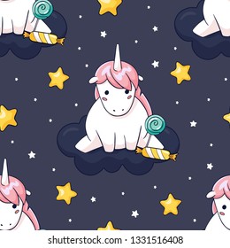 Cute hand drawn unicorn seamless pattern. Kawaii unicorn character with lollipop in night sky. Kids fabric pattern concept.   