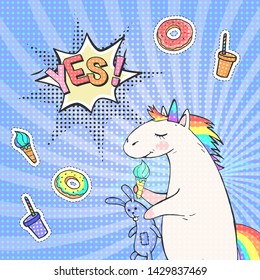 Cute hand drawn unicorn and speech bubble with text YES! Vector pop art background.
