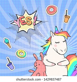Cute hand drawn unicorn and speech bubble with text YES! Vector pop art background.