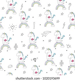 Cute hand drawn unicorn vector pattern. vector illustration.