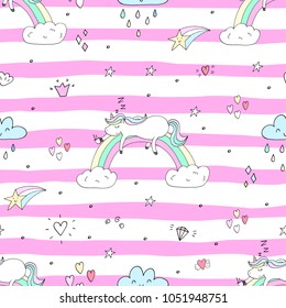 Cute hand drawn unicorn vector pattern. vector illustration