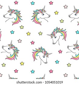 Cute hand drawn unicorn vector pattern. Vector illustration.